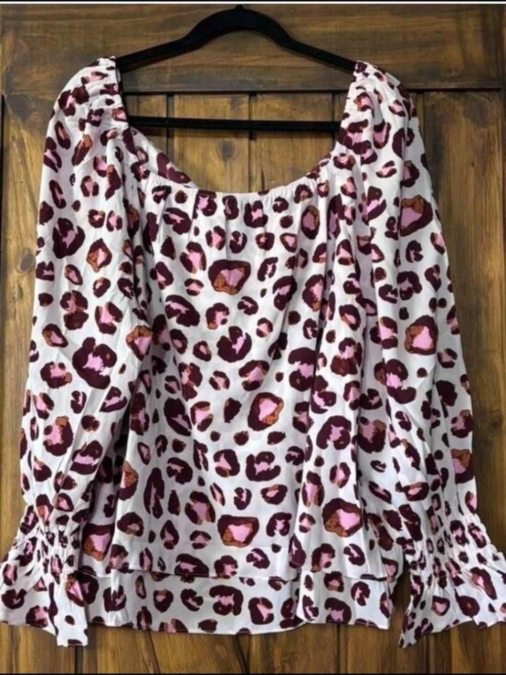 Women’s White Off-Shoulder Leopard Print Blouse with Pink and Brown Accents